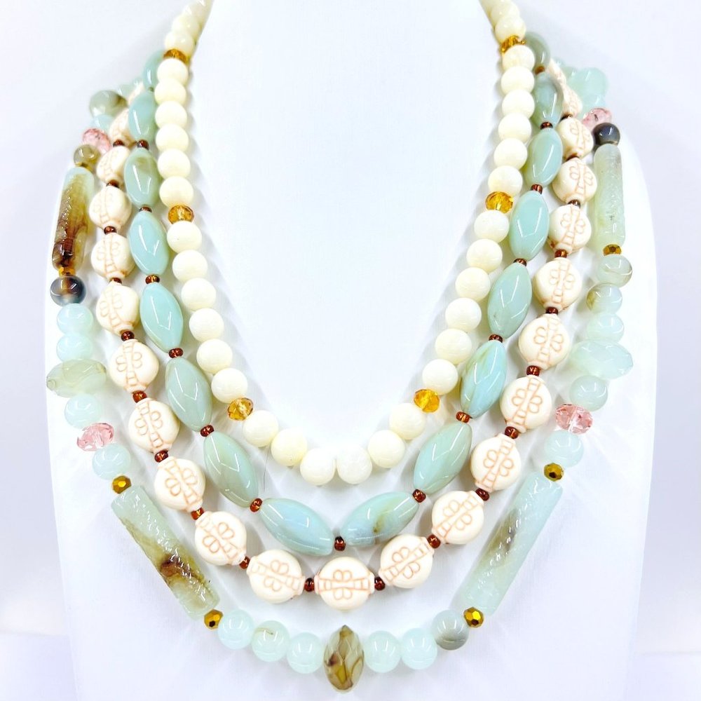 NWOT - Multi Strand Cream & Green Faux Jade 14” Choker Gold Tone Necklace - Picture 2 of 6